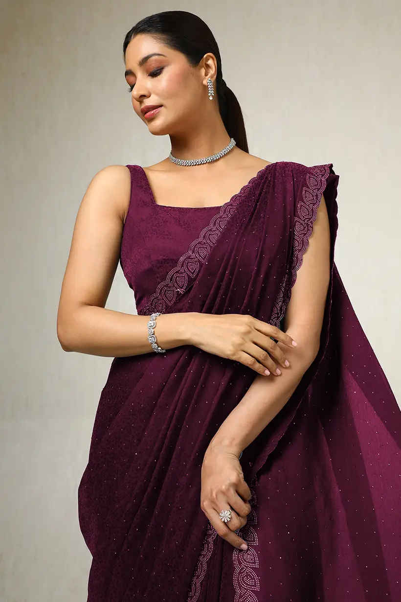 Wine Chiffon Floral Print Saree With Stone Work